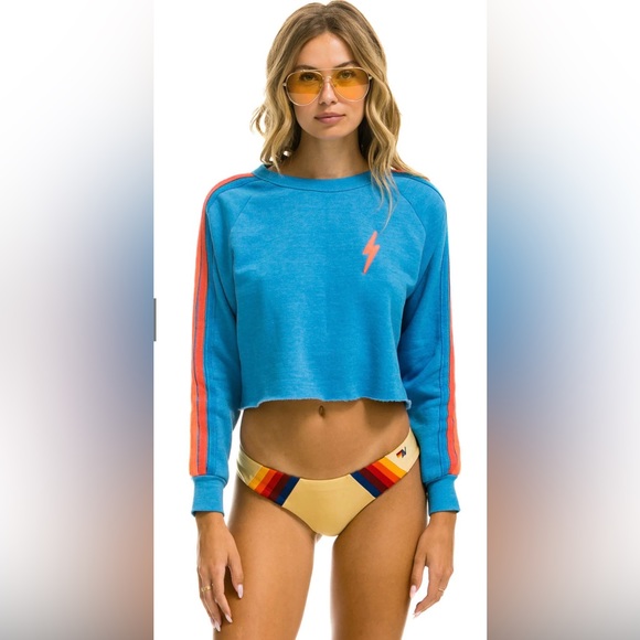 Aviator Nation💕 5 STRIPE Sweatshirt cropped - Ocean/Neon- RARE - Size L - NWT - Picture 4 of 7